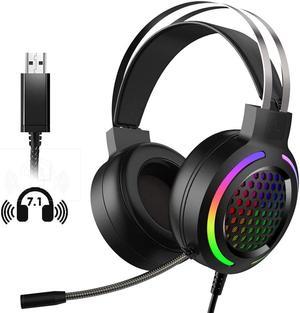 Gaming Headset with 7.1 Surround Sound,PC Lightweight Headset with Noise Canceling Mic,Bass Surround,Soft Memory Earmuffs,Rainbow Backlit for PC,PS4,Xbox One Controller (Adapter Not Included)