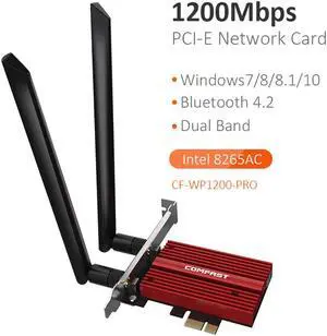 Dual Band 2.4G/5Ghz 1200M WiFi Adapter Bluetooth WLan Network Card for Intel 8265NGW Wireless-AC 8265 PCIE-X1 802.11ac 867Mbps 2x2 MU-MIMO WIFI BT 4.2 Card Wireless Adapter for Windows 7/8/10