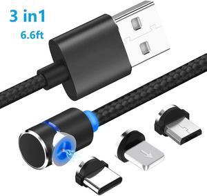 6.6ft Magnetic Charging Cable, 3 in 1 Cable for iPhone Lightning Android Phone Micro USB Type C Charging Cable Compatible for iPhone iPad Samsung Huawei and more (Black)