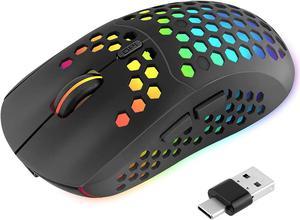 LED Honeycomb Wireless Mouse, Rechargeable Computer Gaming Mice with USB and Type C 2 in 1 Receiver Compatible with Laptop/iPad pro/MacBook/PC/Notebook/Windows and Android