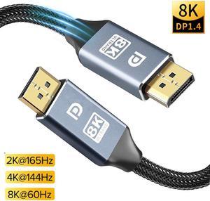 8K UHD DisplayPort Cable DP1.4, DP Cable (8K@60Hz 7680x4320, 4K@240Hz, 2K@144Hz) Braided Ultra High Speed DisplayPort Cord 6.6Ft/2M, Support Resolution for Laptop PC TV Gaming Monitor (Gray)