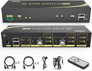 4K HDMI KVM Switch 2x2, 2 in 2 Out Dual Monitor Extended Display 4K @60Hz 4:4:4 with Audio and USB 2.0 Hub Sharing PC Monitor Keyboard Mouse Switcher