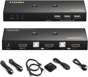 KVM Switch HDMI 2 Port 4K @60Hz, 2x1 HDMI KVM Switch for 2 Computers Sharing 1 Monitor and 3 USB Devices, with Extension Control Switch and 2 USB Cable & 2 HDMI Cable