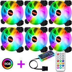 6-Pack 120mm RGB Case Fan with Remote Controller, Computer Case 12cm Cooling Fan RGB 6PIN, RGB LED Quiet High Airflow Adjustable Color LED Fan, CPU Cooler with RF Remote