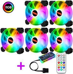 5-Pack 120mm RGB Case Fan with Remote Controller, Computer Case 12cm Cooling Fan RGB 6PIN, RGB LED Quiet High Airflow Adjustable Color LED Fan, CPU Cooler with RF Remote