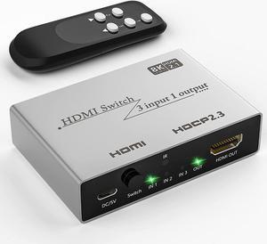 HDMI 2.1 Switch 8K HDMI Splitter 3 in 1 Out, Ultra High-Speed 48Gbps HDMI Switcher with Remote Control, Supports 8K @60Hz 4K @120Hz, Compatible for PS5/PS4 Projectors Monitor