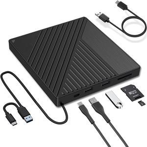 External DVD CD Drive, USB3.0 & Type C with SD/TF Card Reader USB Hub Portable Disk Burner Player Writer Low Noise High Speed Data Transfer for Laptop, Desktop, Mac, Windows