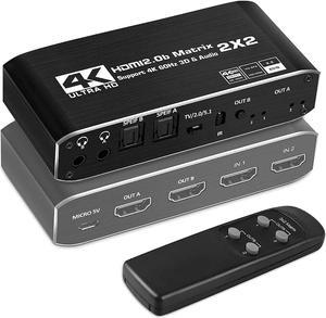 HDMI Matrix 2x2, 4K@60Hz HDMI Matrix Switcher 2 in 2 Out with Optical & L/R Audio Extractor, HDMI Video Switch Splitter Support IR Remote, Auto Scaling HDMI 2.0b/HDCP 2.2, RGB 8:8:8, 18.5Gbps, HDR, 3D