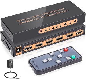 4K @60Hz HDMI Switch 5 Port Premium 5 in 1 Out 4K HDMI Switcher with IR Remote Support Auto-Switch, HDMI 2.0,HDCP 2.2,UHD,HDR,Full HD,3D,1080P (Upgraded Version)