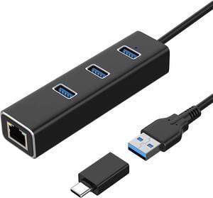 USB 3.0 HUB with 1000MBps RJ45 Gigabit Ethernet Port, 3-Port USB to Ethernet Adapter with USB C Adapter, Aluminum USB Extender Splitter for Laptop, Mac-Book, Mac Pro, i-Mac, Surface Pro, XPS, PC