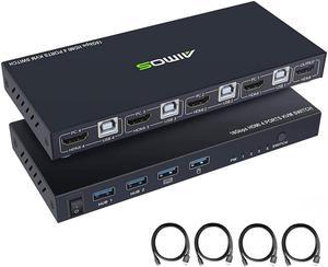 KVM Switch HDMI 4K @60Hz 4 Port Box, USB Switch with 4 USB 2.0 Hubs, 4 in 1 Out HDMI KVM Switch Support Wireless Keyboard and Mouse and hotkey Switching, No Power Require