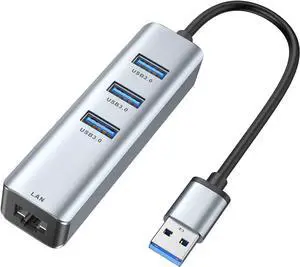 USB 3.0 to Ethernet Adapter, 3-Port USB 3.0 Hub with RJ45 10/100/1000Mbps Gigabit Ethernet Adapter Support Windows 10,8.1,Mac OS, Sur-face Pro,Linux,Chromebook and More (Gray)