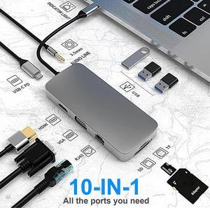 USB C HUB Dongle, 10-in-1 USB C Adapter Docking Station with 4K HDMI, VGA, Type C PD, USB3.0, RJ45 Ethernet, SD/TF Card Reader, 3.5mm AUX, Compatible with Mac-Book Pro/Air, Other Type C Latops Devices