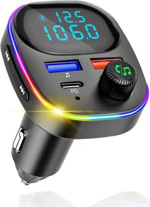 Bluetooth FM Transmitter, FM Transmitter for Car, Hands Free Calling Wireless Car Adapter, Support PD QC3.0 USB Car Charger, Radio Adapter Music Player FM Car Kit, 7 Colors LED Backlit