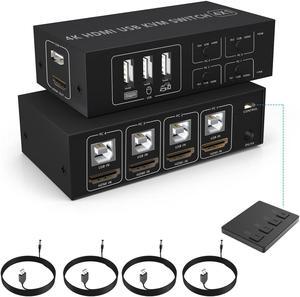 4x1 HDMI USB KVM Switch 4 Port, 4K@60Hz HDMI 4 in 1 Out KVM USB Switch One-Button Switch 4 Computers Share Keyboard Mouse Printer Monitor with 4x USB Cable,1x Controller,1x Power Cable