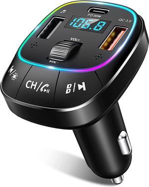 Bluetooth FM Transmitter for Car with [Dual Mic & Bass Boost], Type-C PD 30W & QC 3.0 Quick Charging Bluetooth Car Charger Adapter, FM Radio Receiver Music Player/Car Kit, Hands-Free Calling