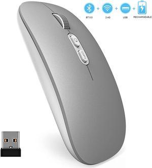 2.4Ghz Bluetooth Mouse, Rechargeable Wireless Mouse with Dual Mode (Bluetooth 5.0 + 2.4G Wireless), Ergonomic Portable Silent Wireless Optical Mouse for Laptop Desktop Windows Mac iOS (Silver)