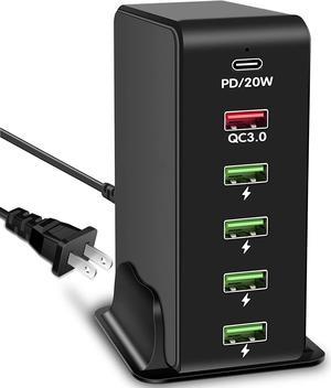 Multiple USB Charging Station, 6 Port Multi USB Charger Station with 20W PD+18W QC3.0,Multiport USB Charging Hub with Auto Detect Technology for iPhone,iPad Tablets and More (Black)