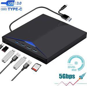 External DVD Drive with 4 USB 3.0 Ports SD/TF Port, 6-in-1 USB 3.0 & Type C Slim Portable CD/DVD ±RW, External CD/DVD Burner for Laptop Desktop PC Windows Linux MacOS