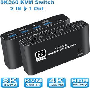 2 in 1 Out HDMI KVM Switch, 8K USB Switch 2x1 HDMI2.1 Ports + 4x USB3.0 KVM Ports, Share 2 Computers one Monitor Switch,Supports 8K @60Hz,4K @120Hz,YUV 4:4:4, HDCP 2.3, H-D-R 10, Hotkey, Darkish