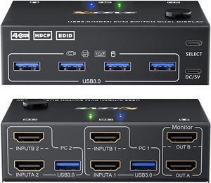 Dual Monitor USB 3.0 HDMI KVM Switch 2 Computers 2 Monitors, Dual Monitor HDMI KVM Switcher USB 3.0 Version, 4K @60Hz HD Resolution, Support Copy and Extended Display