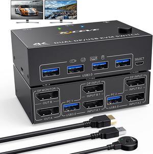 USB 3.0 Dual Monitor DisplayPort KVM Switch 8K @30Hz 4K @60Hz, 2 in 2 Out DP KVM Switch 2 PC 2 Monitors, KVM switches with 4 USB 3.0 ports for 2 PCs, with DP+USB cable and desktop controller