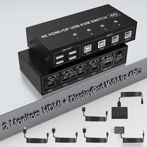 4 Port HDMI + Displayport KVM Switch Dual Monitor 4 Computers 4K @60Hz Support HDMI2.0 DP1.2 KVM Switch with 4 USB 2.0 Hub, Keyboard Mouse Monitor Switcher for 4 PCs Dual Monitors 4 in 2 Out (HDMI+DP)