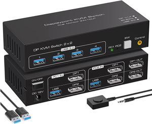 Dual Monitor DisplayPort KVM Switch 2 in 2 Out, 2 Port DP 1.4 KVM Switch for 2 Computers 2 Monitors Share Keyboard Mouse Printer Support 8K @60Hz 4K@120HZ with 4 Port USB 3.0 Support Desktop Control