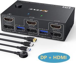 Dual Monitor KVM Switch HDMI+Displayport 2 in 2 Out 4K@60Hz, 2K@120Hz, USB 3.0 2 Port DP + HDMI KVM Switch for 2 Computer Share 2 Monitors and 4 USB 3.0 Devices, Wired Remote and 4 Cables Included