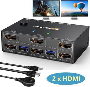 Dual Monitor HDMI KVM Switch 2 in 2 Out 4K@60Hz 2K@144Hz, EDID Emulator, USB 3.0 HDMI KVM Switch for 2 Computers Share 2 Monitors and 4 USB 3.0 Ports,Wired Remote and Cables Included