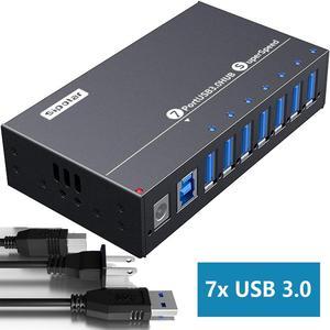 Powered USB Hub, 7-Port USB 3.0 Hub with LED Indicator Multiport USB Spilitter with 12V/3A/36W Power Adapter- Up to 5Gbps Sync & High-Speed Data Transfer - Mounting Brackets for Phone MB Laptop Tablet