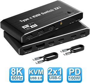 2x1 USB C KVM Switch 8K @60Hz, 2 Port Type C KVM Switch for 2 Computers Share 1 Monitor, 2 Type C in HDMI + DP Out, USB C KVM Switch with 3 USB 2.0 Ports & 100W Power Delivery, 2 USB-C Cables Included