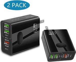 [2 PACK] USB Wall Charger Block 65W, 5 Port [3x USB A, 2x USB C] Fast Charging Block USB Charger PD 25W QC 3.0 Wall Plug Multi Port C Charger Block for SmartPhones Tablet PC etc. (Black)
