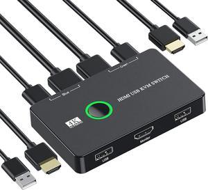 2 Port HDMI KVM Switch 2 in 1 Out, USB KVM Switch for 2 Computers Sharing One HD Monitor and Keyboard Mouse, Support 4K @60Hz with 2 USB Cable and 2 HD-MI Cable