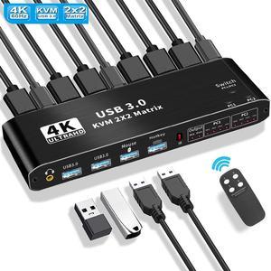 USB 3.0 HDMI KVM 2x2 Matrix Switch, 4K 60Hz Dual Monitor HDMI KVM Switch, HDMI Extended Display USB KVM Switcher 2 in 2 Out for 2 Computers 2 Monitors, Support Audio, Hotkey, Button Switching