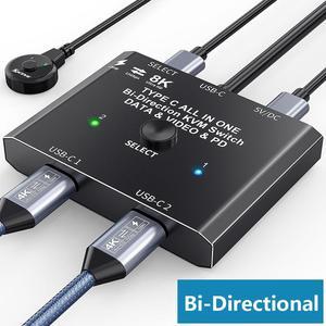 USB C Switch 2 in 1 Out / 1 in 2 Out, Bi-Directional USB C Switcher 2 Computers, USB C KVM Switch Support 8K @30Hz 4K @120Hz Video,10Gbps Data Transfer,2 USB-C Cables and Wired Controller Included