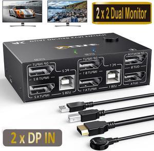 Dual Monitor DisplayPort KVM Switch 8K@30Hz 4K@144Hz, USB DP KVM Switch for 2 PC 2 Monitors Supports DP1.4 Extended display, with 4 USB 2.0 ports for 2 PCs, with DP+USB cables and desktop controller