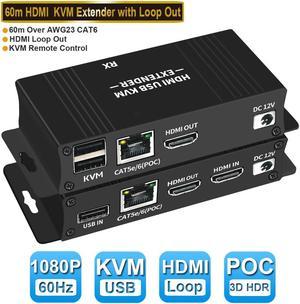 60M HDMI KVM USB Extender Over IP Over Ethernet 1080p HD Video Over Cat5e Cat6 Ethernet Cable 60M (196ft) for Mouse and Keyboard Control Remote Signals (Black)