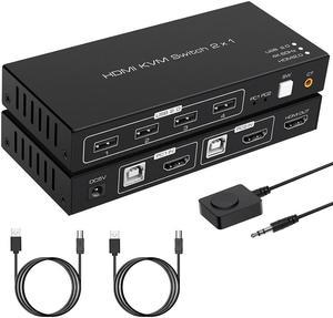 4K @60Hz HDMI USB Switch KVM Switcher fo 2 PCs 1 Monitor, 2 in 1 Out HDMI KVM Switcher Keyboard Mouse Printer Selector Switching for Desktop Computer Shared USB B 2 in 4 Out USB HUB Manual Switching