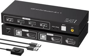 2 Port Displayport KVM Switch 4K @60Hz, USB 2.0 DP 1.2 DP KVM Switches for 2 PC 1 Monitor Switch, DP KVM Switch 2 in 1 Out Support Wire-Desktop Controller Including 2 USB 2.0 Cable