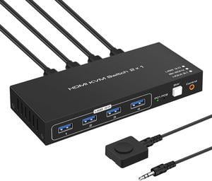 USB 3.0 HDMI KVM Switch 8K@60hz Ultra HD Resolution, 2 in 1 Out HDMI KVM Switches 4 USB Hub, 2 Computers 1 Monitor Switch Support 4K@120Hz, 2 PCs Share Keyboard Mouse Printer Scanner, with Controller