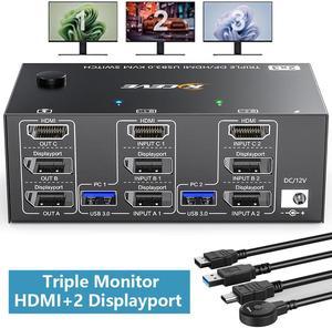 Triple Monitor HDMI DP KVM Switch for 3 Monitors 2 Computers, 8K@30Hz, HDMI + 2 Displayport KVM Switch for 2 Computer Share 3 Monitor and Keyboard Mouse, Wired Remote and 5 Cables Included