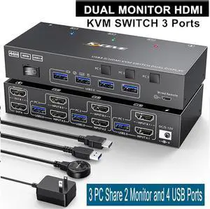 USB 3.0 HDMI KVM Switch for 3 PC 2 Monitors, EDID Emulator, 4K@60Hz Extended Display, HDMI 2.0 Dual Monitor KVM Switch 3 PC Share Wireless Keyboard, Mouse, Printer, with Wired Remote and 5 Cables