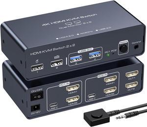 2 Port Dual Monitor HDMI KVM Switch 2 in 2 Out, 4K60Hz HDMI KVM Switch for 2 Computers Share 2 Monitors and 4 USB Devices Supports Duplication and Extended Display with Desktop Control-Aluminium