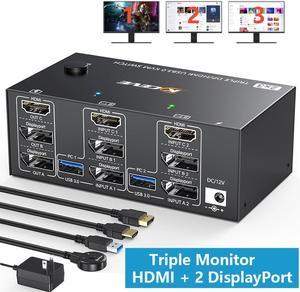 KVM Switch 3 Monitors 2 Computers 8K@60Hz 4K@144Hz, HDMI + 2 Displayport Triple Monitor KVM Switch for 2 Computer Share 3 Monitor and 4 USB 3.0 Port Keyboard Mouse,Wired Remote and USB Cables Included