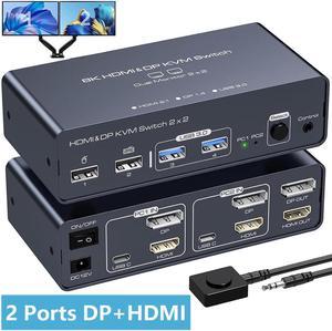 2 Port HDMI+ Displayport Dual Monitor KVM Switch 2 in 2 Out, 8K60HZ 4K120HZ Aluminium KVM Switch Dual Monitor 2 Port for 2 Computers Share 2 Monitors and 4 USB Ports Support DP1.4 HDMI2.1