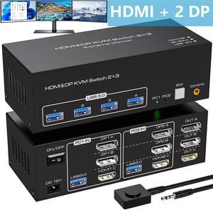 2 Displayport + HDMI KVM Switch 2 PC 3 Monitors, 4K144Hz 8K60Hz Triple Monitor KVM Switches for 2 Computers Share 3 Monitors with 4 USB 3.0 Ports Includes 2 USB 3.0 Cables and External Wired Control