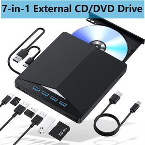 External CD/DVD Drive for Laptop, 7-in-1 USB 3.0 & Type C DVD Player, Portable CD/DVD Burner, CD-ROM External CD DVD Drive for Laptop and PC, Compatible with Windows 11/10/8/7, Linux, Mac OS