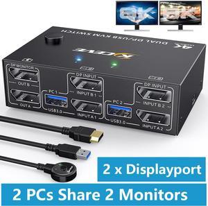 USB 3.0 Displayport KVM Switch for 2 Monitors 2 Computers 8K@30Hz 4K@144Hz, Dual Monitor Displayport KVM Switches with 4 USB 3.0 Port for USB Device, Wired Remote and 4 Cable Included