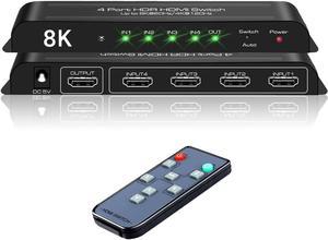 4 Port HDMI 2.1 Switch 4K@120Hz 8K@60Hz, 48Gbps transfer rate, HDMI Switcher 4 in 1 Out Support PS-5, X-box Series X, HDR10+, Do-lby Vision Do-l-by At-mos